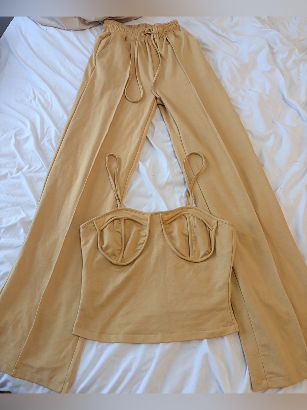 Mustard Two-Piece Set - Corset Crop Top & Wide Leg Pants